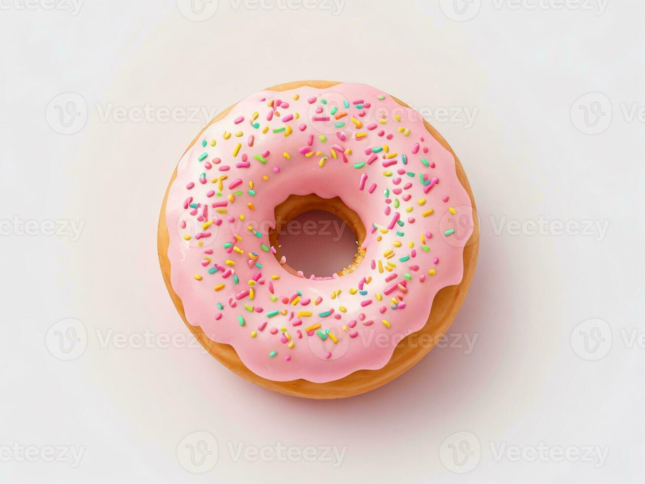 plano deitar Rosa rosquinha decorado com colorida granulados isolado em branco fundo, topo visualizar, 3d Renderização foto