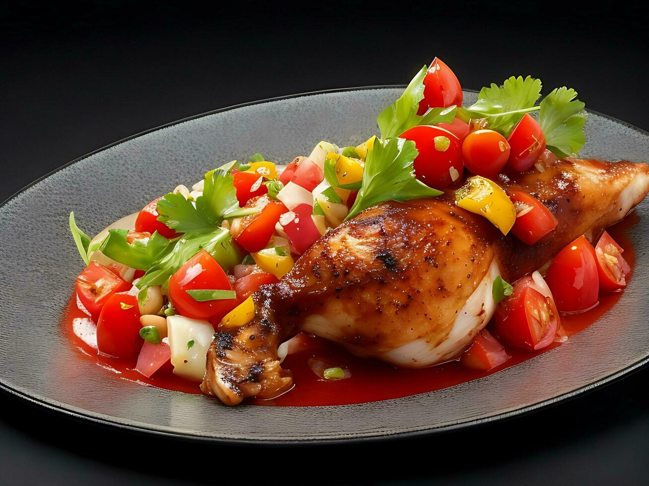 uma prato do frango perna com tomate salada em Preto fundo foto