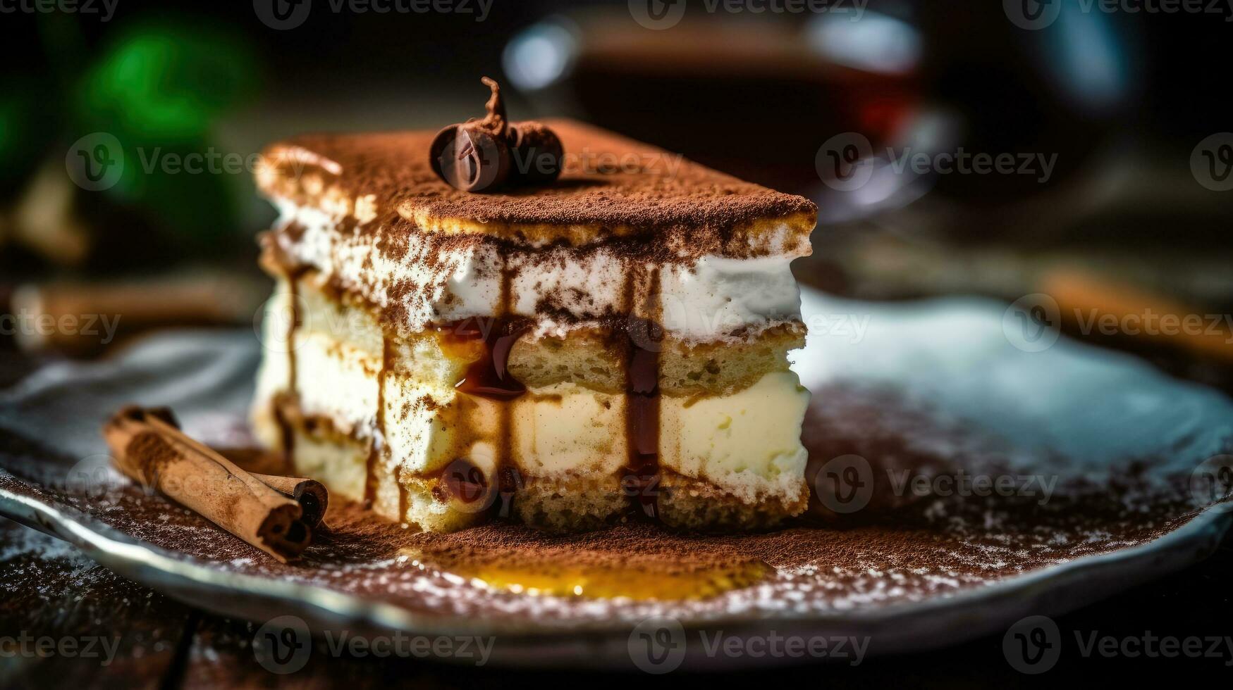 uma fechar-se revista qualidade tiro do uma belas em camadas Tiramisu com cremoso mascarpone e Empoeirado cacau ai gerado foto