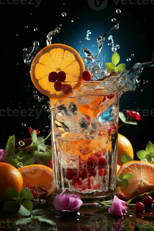 colorida coquetel com gelo, fruta, salpicos em uma Sombrio fundo foto
