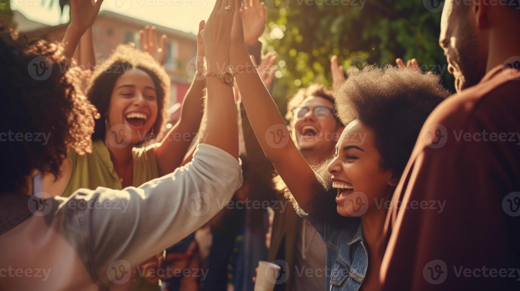 comemorativo Alto cinco momento entre uma diverso grupo do jovem pessoas com vibrante fundo ai generativo foto