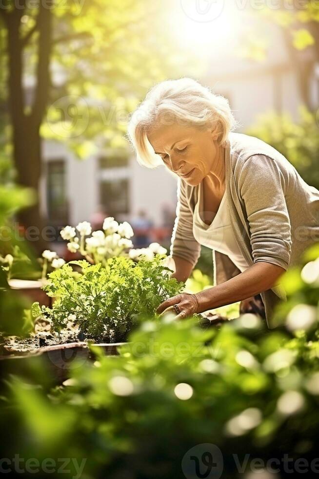 tranquilo Primavera cena do uma meia idade mulher nutrir dela florescente jardim ai generativo foto