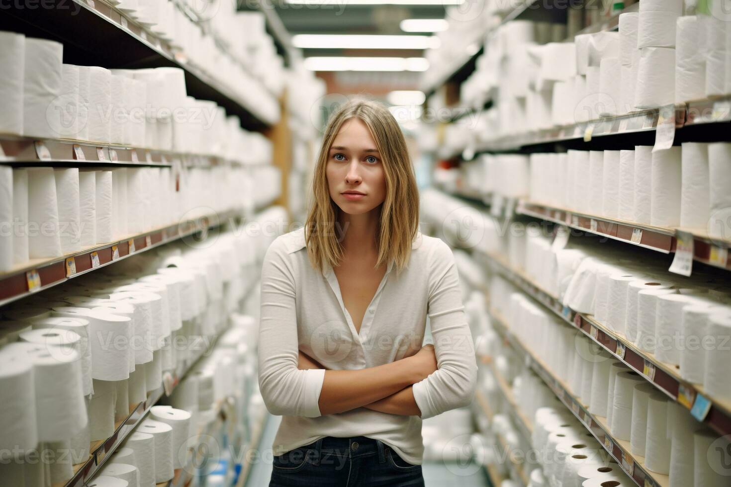 banheiro papel torres - mulher confuso reação para pânico comprando ai generativo foto