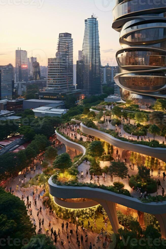 pôr do sol sobre futurista cidade com arranha-céus verde integração e digital outdoors do inteligente urbano vivo ai generativo foto