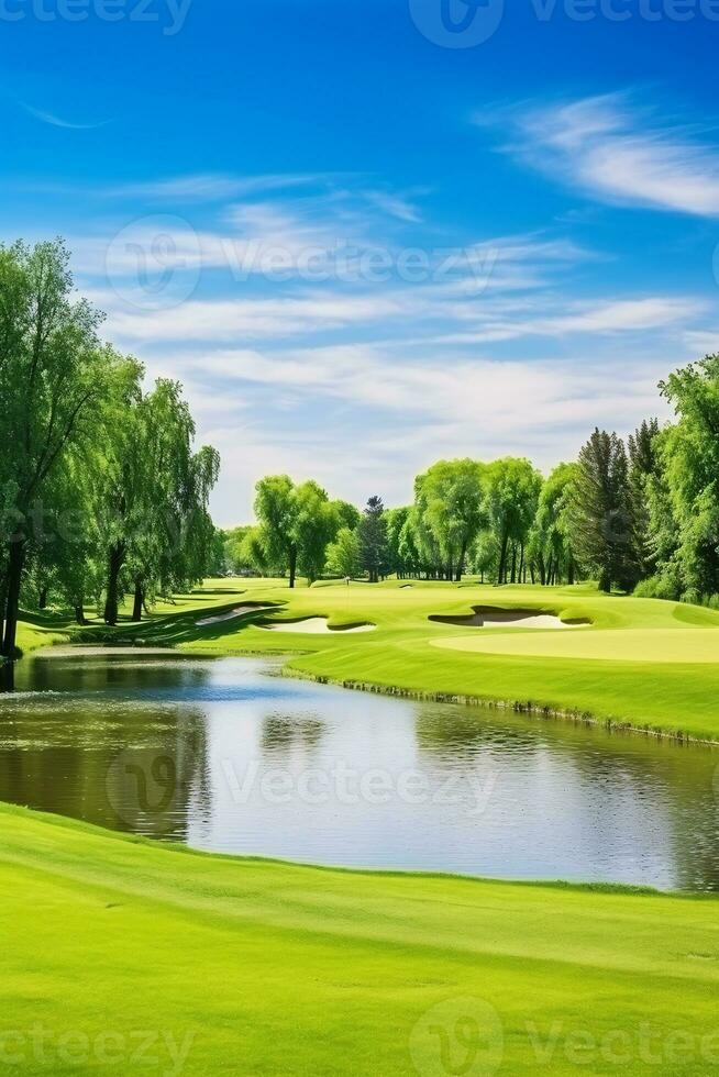 comemoro a radiante beleza do uma bem mantido golfe curso debaixo uma sonhadores céu ai generativo foto