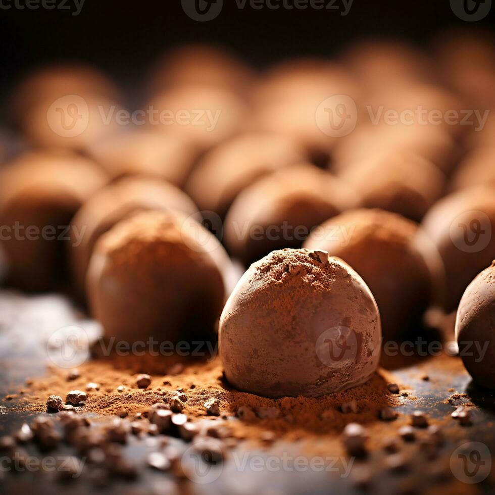 luxuoso leite chocolate trufas em brilhante polido superfície com bokeh efeito ai generativo foto