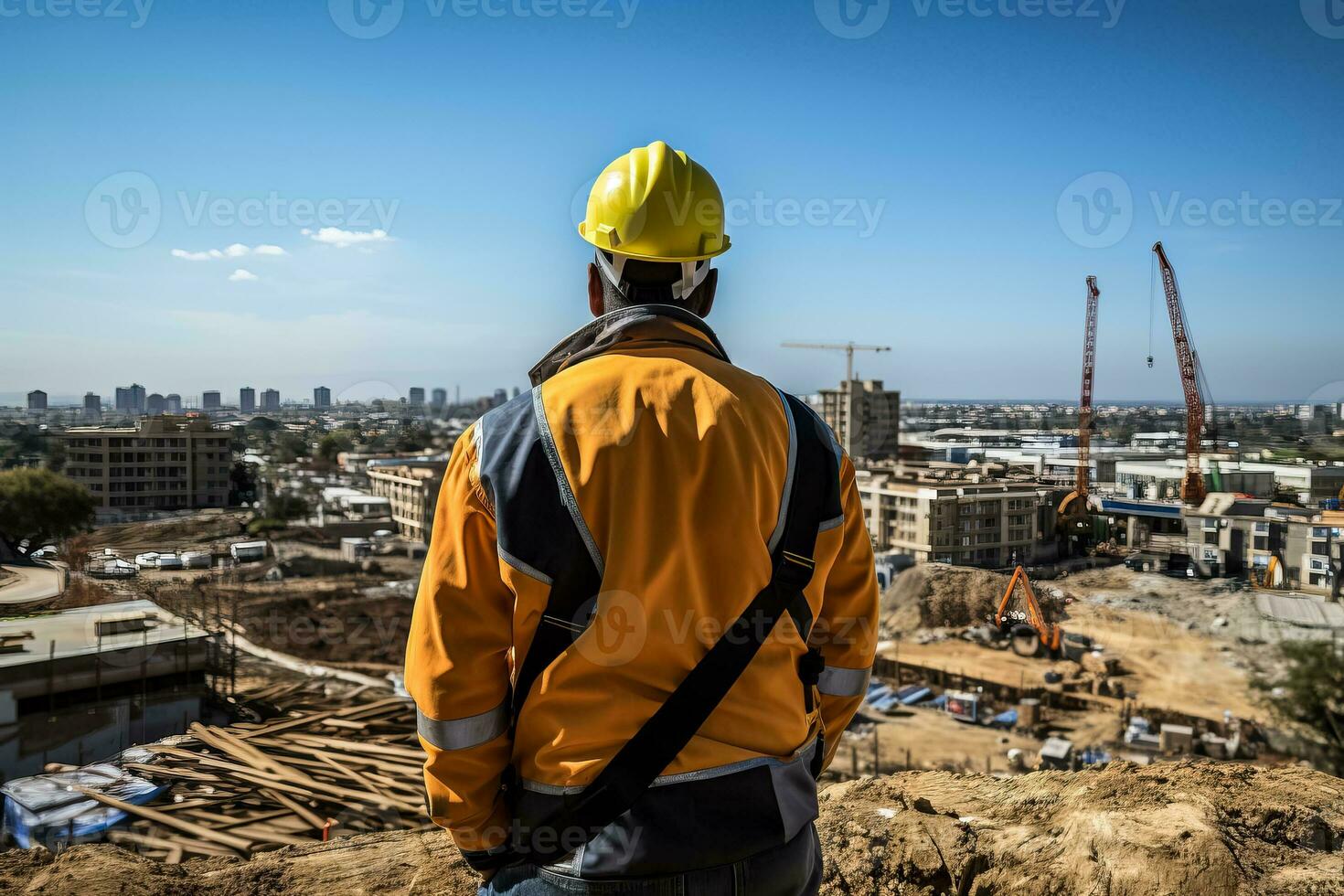 construção trabalhador ou capataz supervisionando Atividades às uma construção local foto