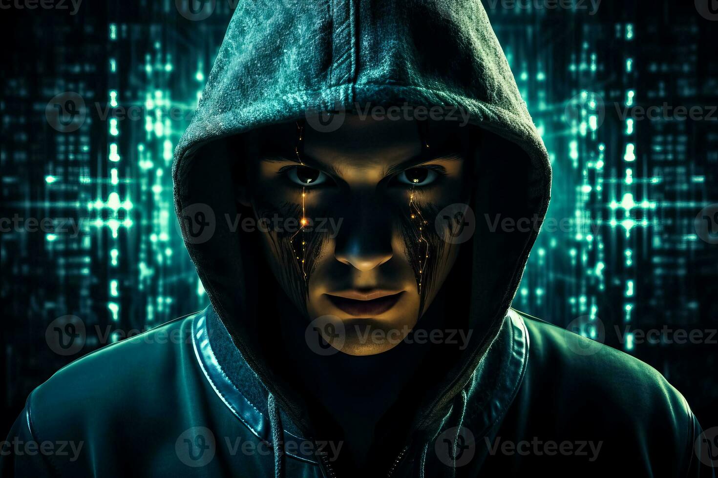 cíber segurança hacker com uma escondido face vestindo uma moletom com capuz dentro uma com tema de tecnologia papel de parede foto