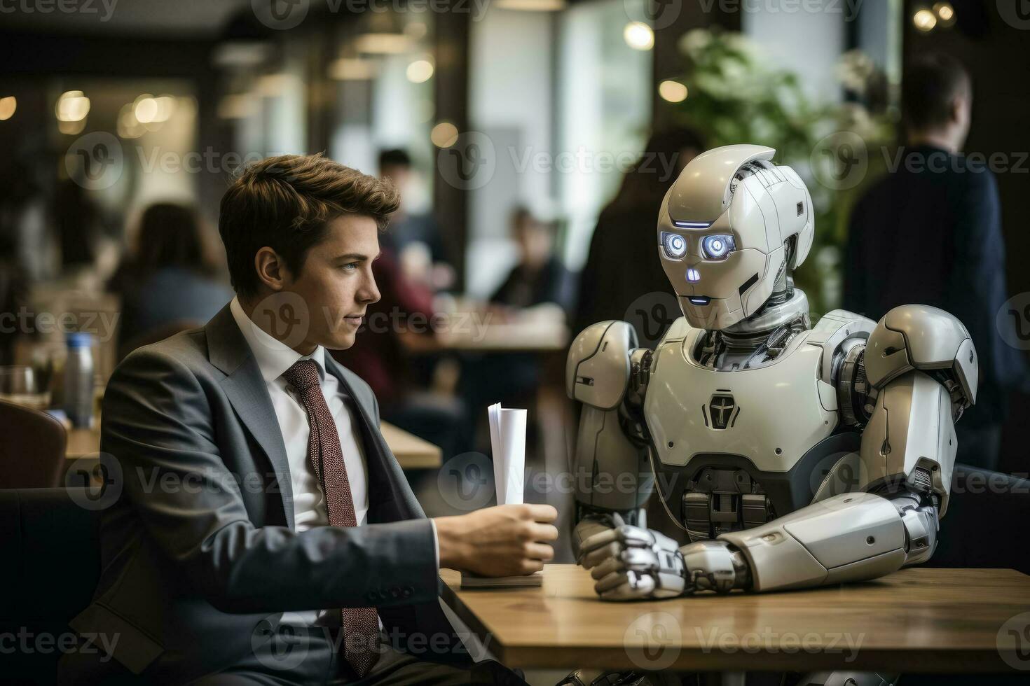 uma homem e a ai robô aguardam uma trabalho entrevista foto