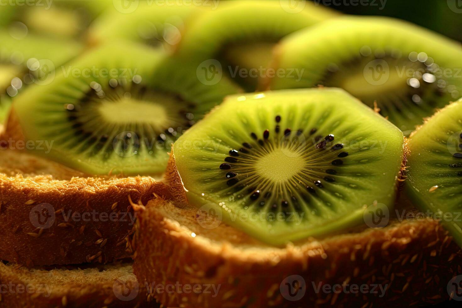 kiwis brinde, macro tiro do uma fresco café da manhã com gotejamento mel, ai gerado foto