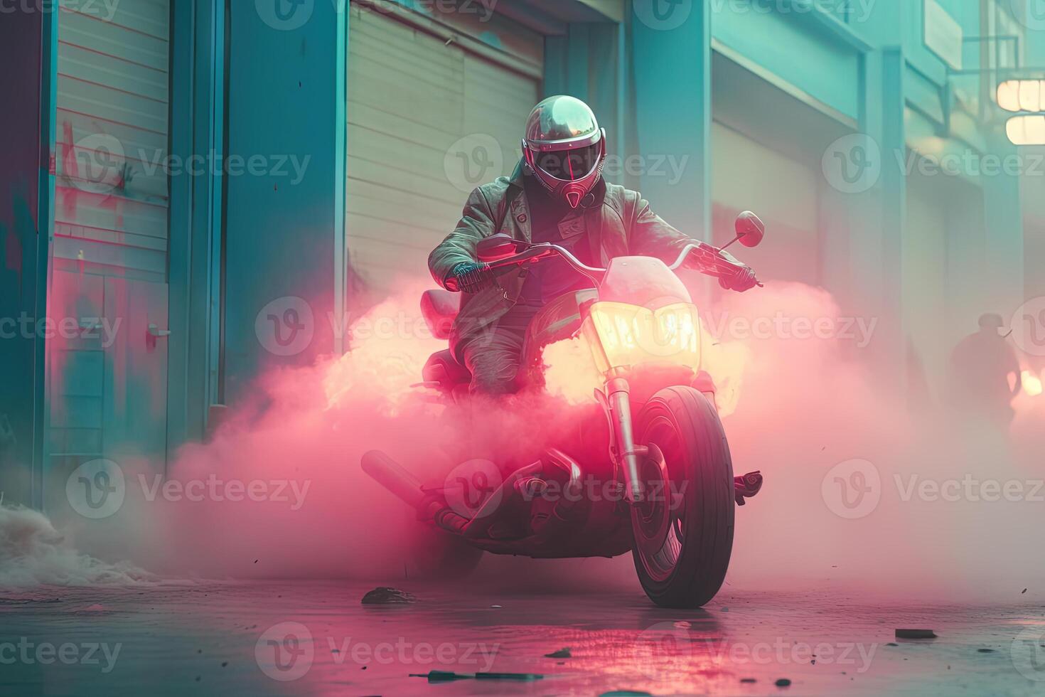 futurista pós-apocalipse açao cena com herói dentro ficção científica estilo. onda de vapor surreal tiro com Rosa e azul fumaça. gerado ai. foto