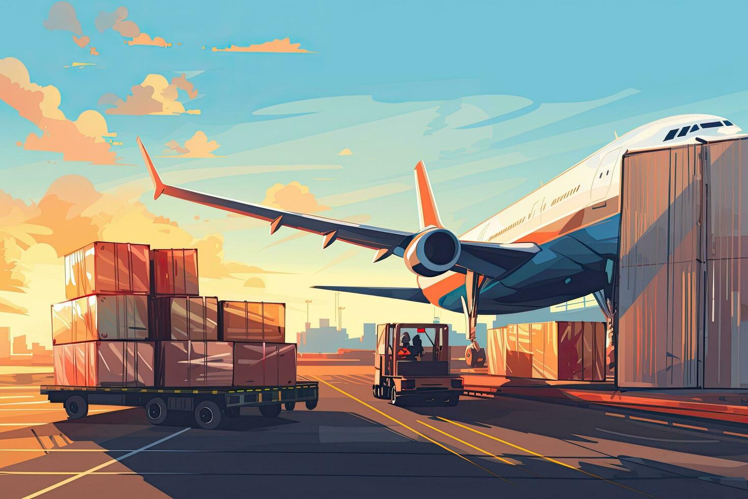 ilustração do avião em a fundo do carga terminal. logística e transporte conceito. avião carga transporte de avião, descarregando containers do caixas às a aeroporto, ai gerado foto