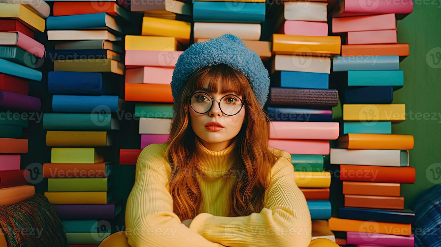 fofa menina com óculos sentado cercado de a livros. livros por aí a estudante dentro colorida cena. gerado ai. foto