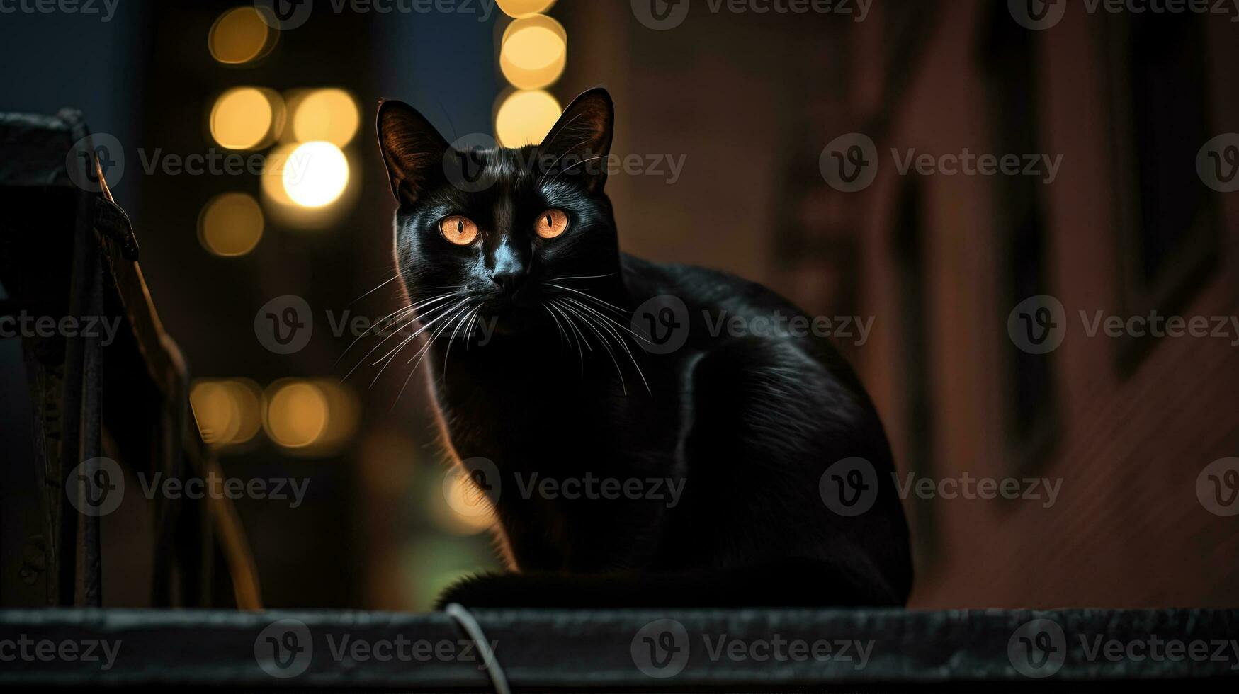 Preto gato sentado em uma grade às noite, dentro a estilo do vida dentro Novo Iorque cidade. gerado ai. foto