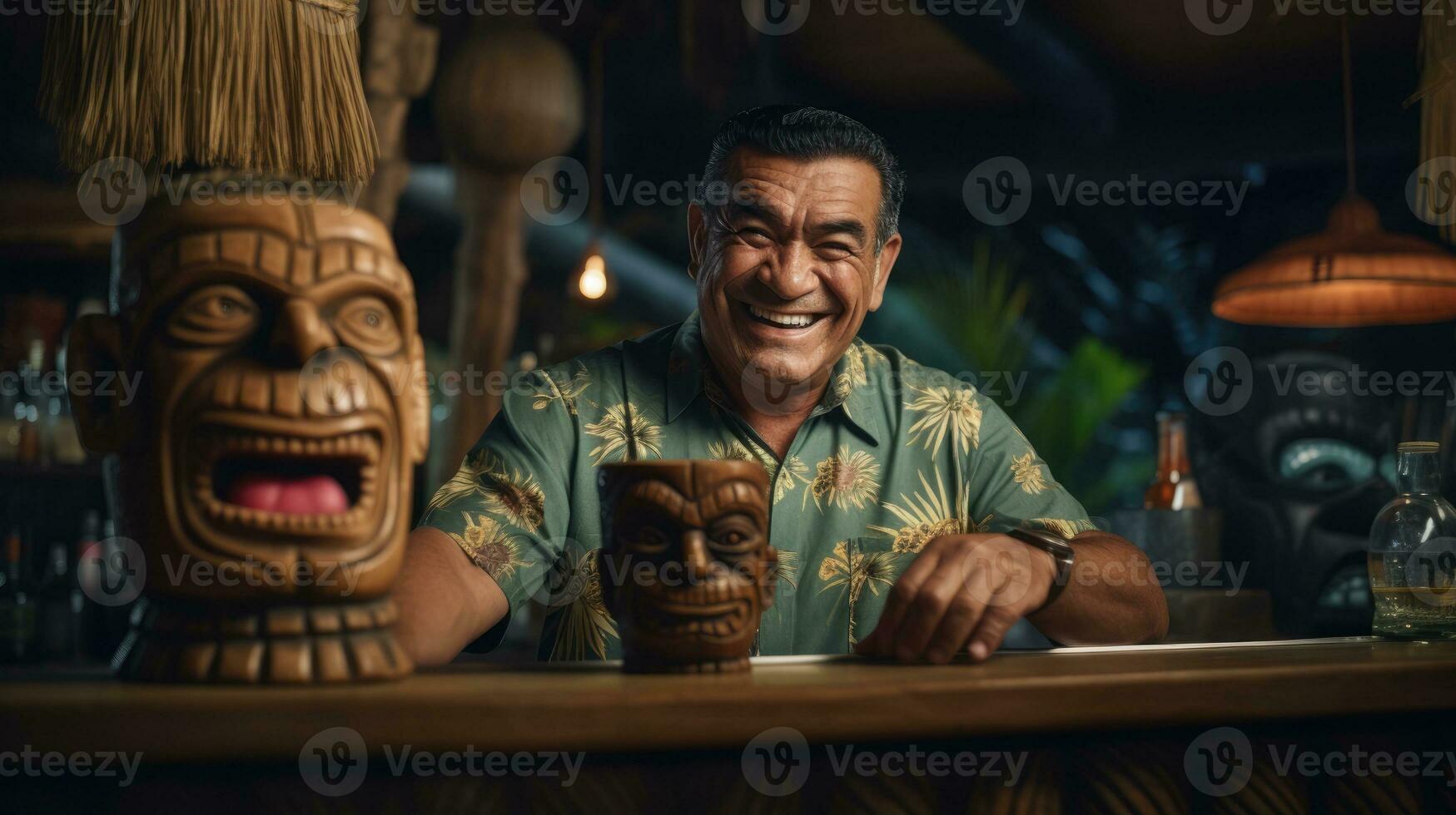 tiki beber coquetéis. tropical tiki coquetéis bar. amigáveis masculino barman foto