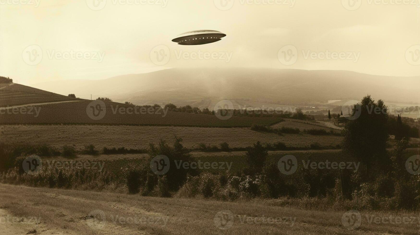 generativo ai, UFO sobre a italiano panorama vintage foto, alienígenas testemunhas retro Década de 1930 estilo fotografia foto