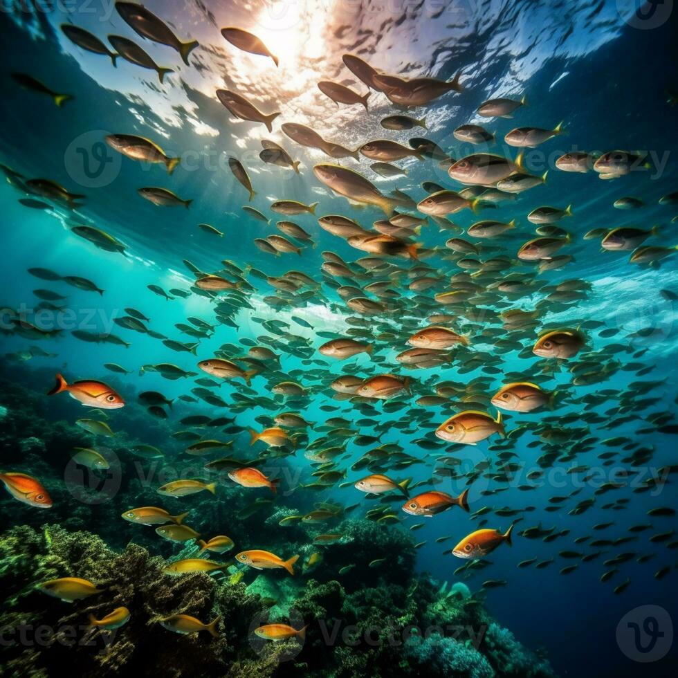 arafado imagem do uma escola do peixe natação dentro a oceano. generativo ai. foto