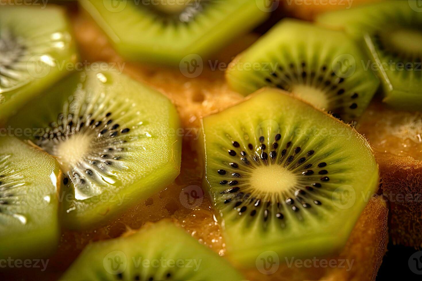 kiwis brinde, macro tiro do uma fresco café da manhã com gotejamento mel, ai gerado foto