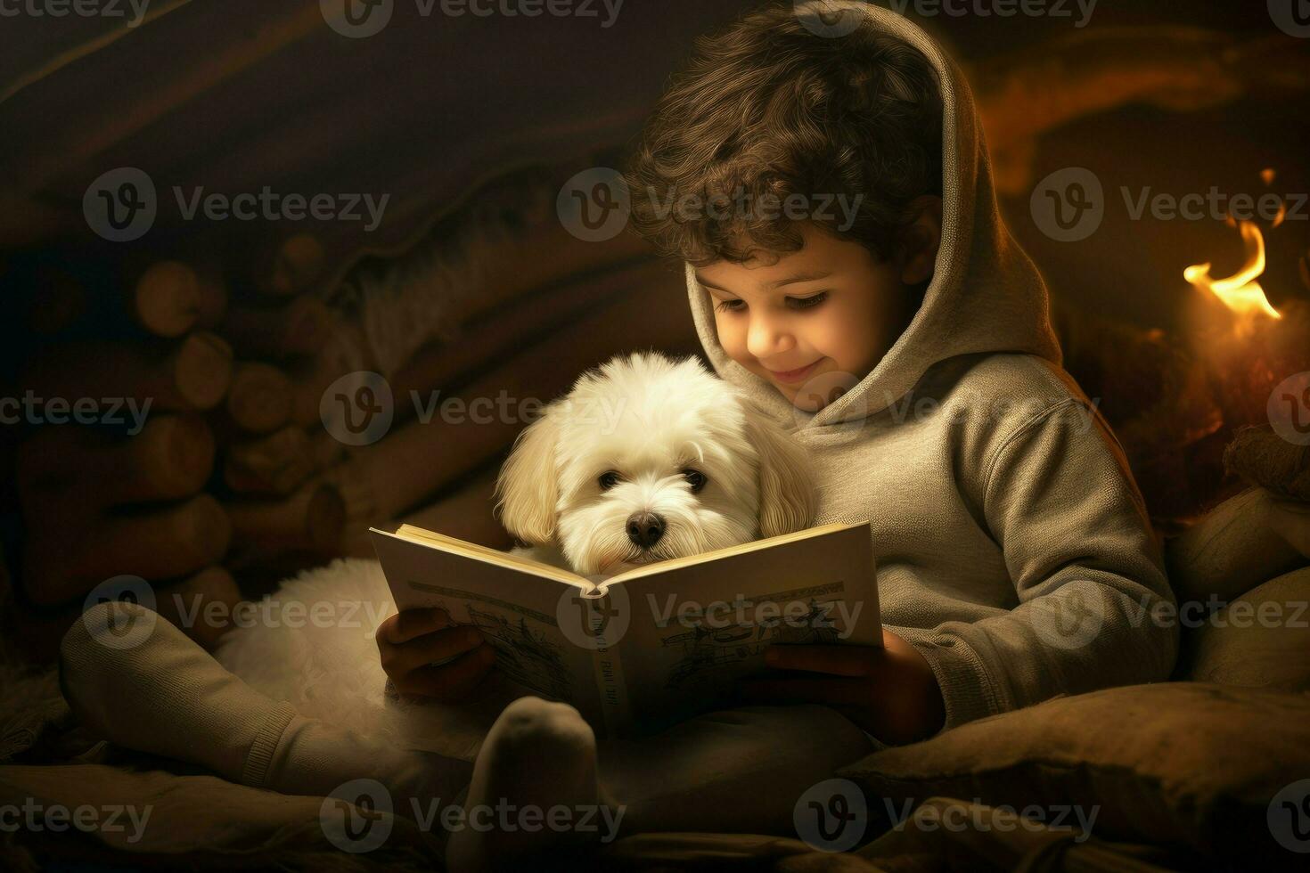 Garoto com bichon frise cachorro lendo antes dormir. gerar ai foto