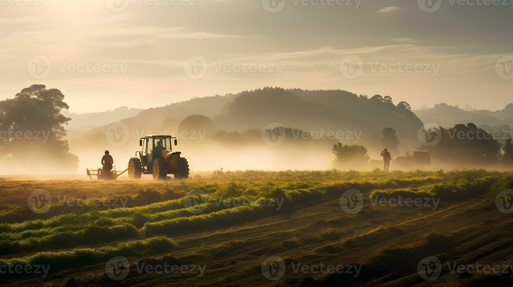 trator aração a campo às nascer do sol. trator preparando terra para semeadura foto