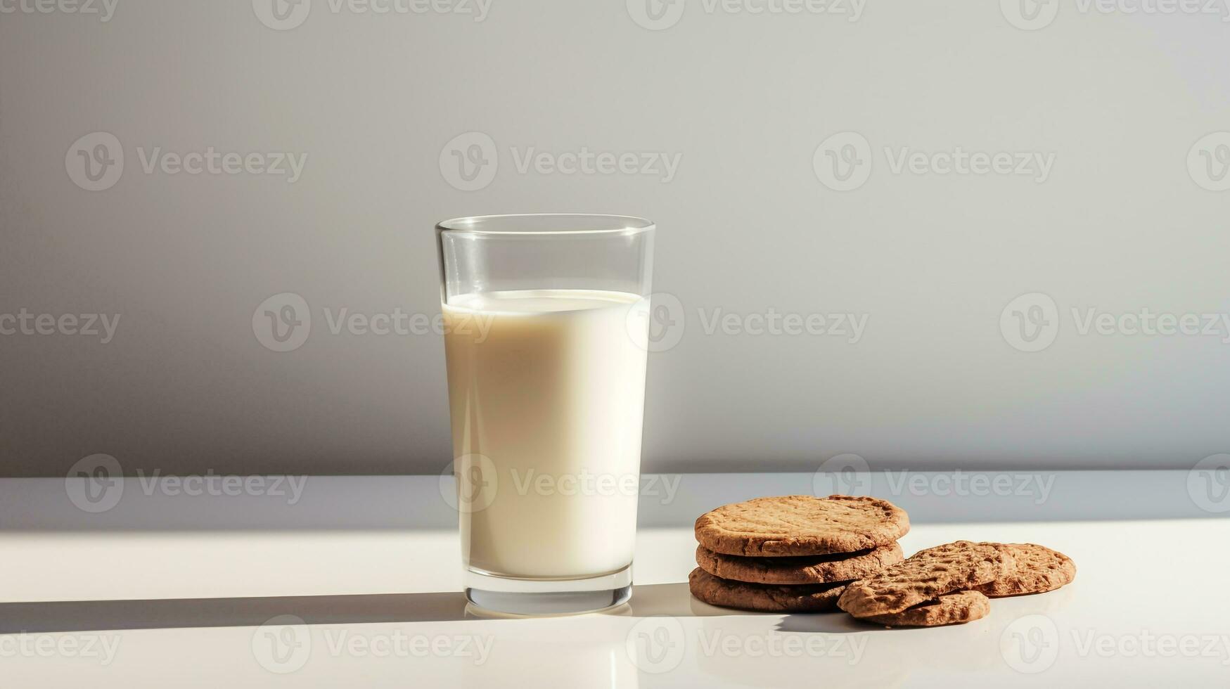 foto do uma vidro do leite com chocolate biscoitos em uma minimalista mesa