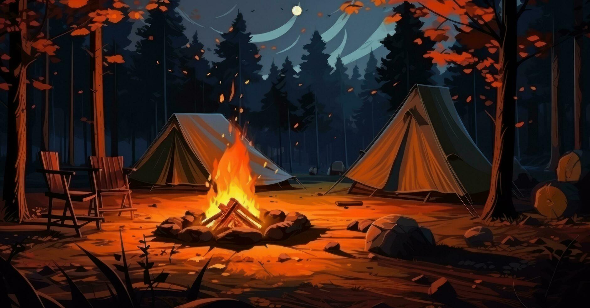 laranja acampamento cadeira e a laranja fogueira às a acampamento foto