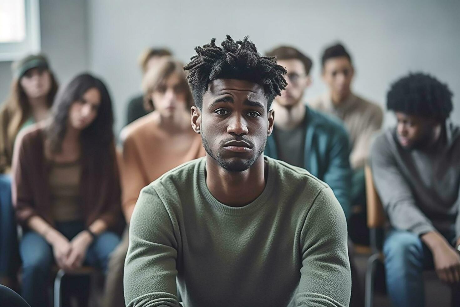 depressivo jovem homem dentro Apoio, suporte grupo ai gerado foto