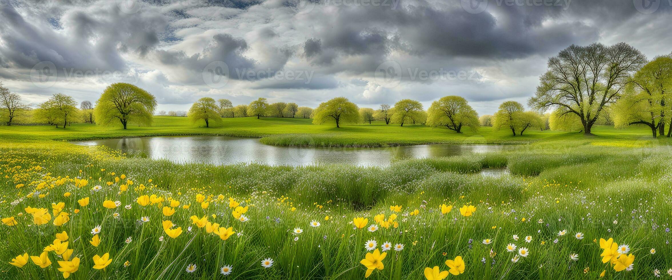 panorama conceito fundo lindo prados e natural lagoa dentro primavera criada com ai generativo foto