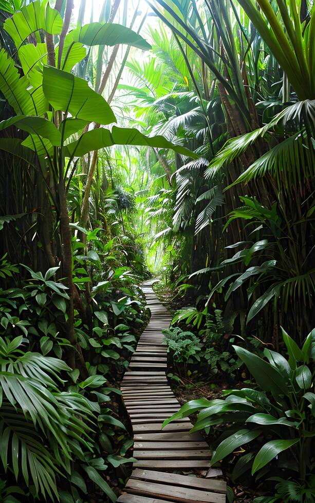 caminho dentro a selva meio Ambiente de verde folhagem do plantas. ai generativo foto