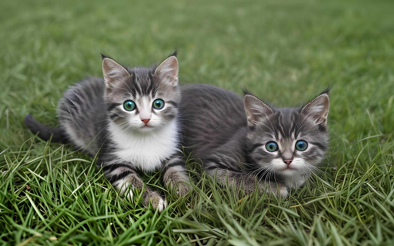 fofa pequeno gato dentro verde Relva de leve borrado fundo. ai generativo foto