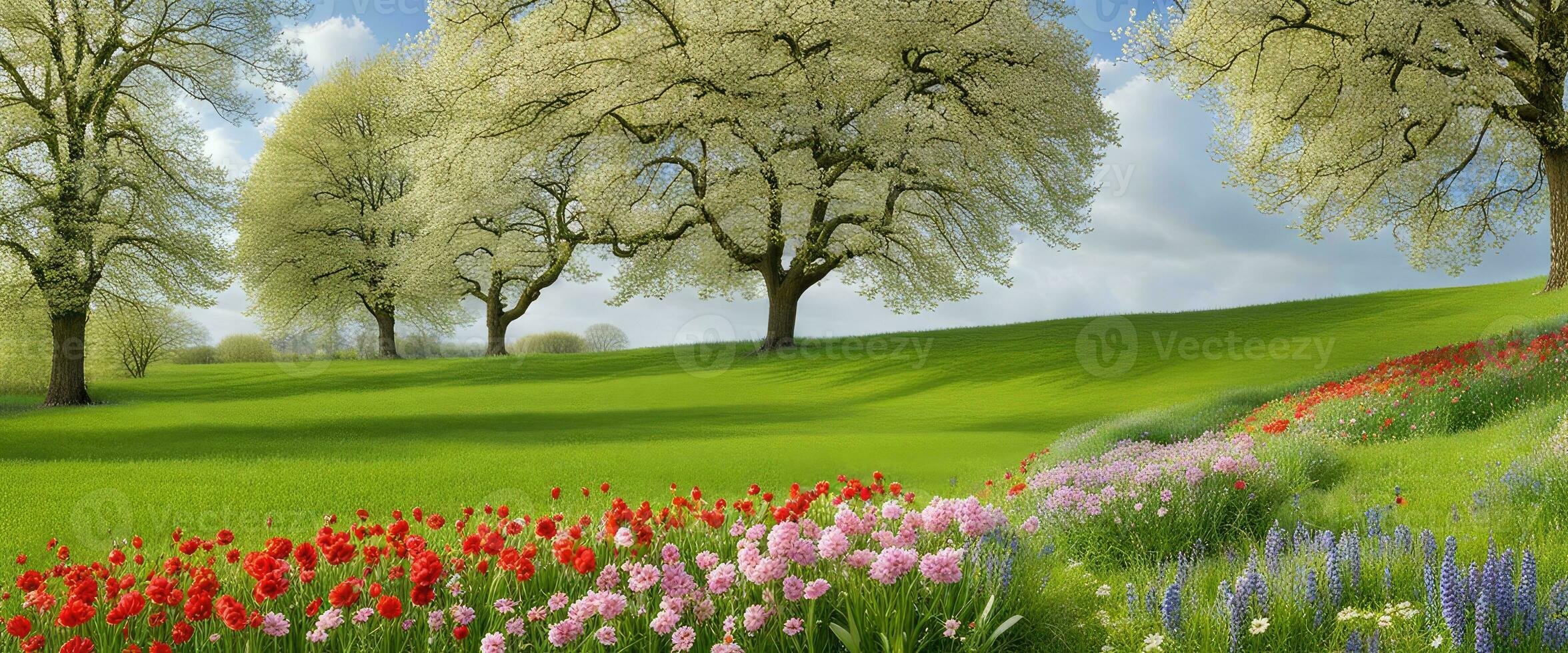 panorama conceito fundo lindo prados cercado de florescendo flores dentro primavera criada com ai generativo foto