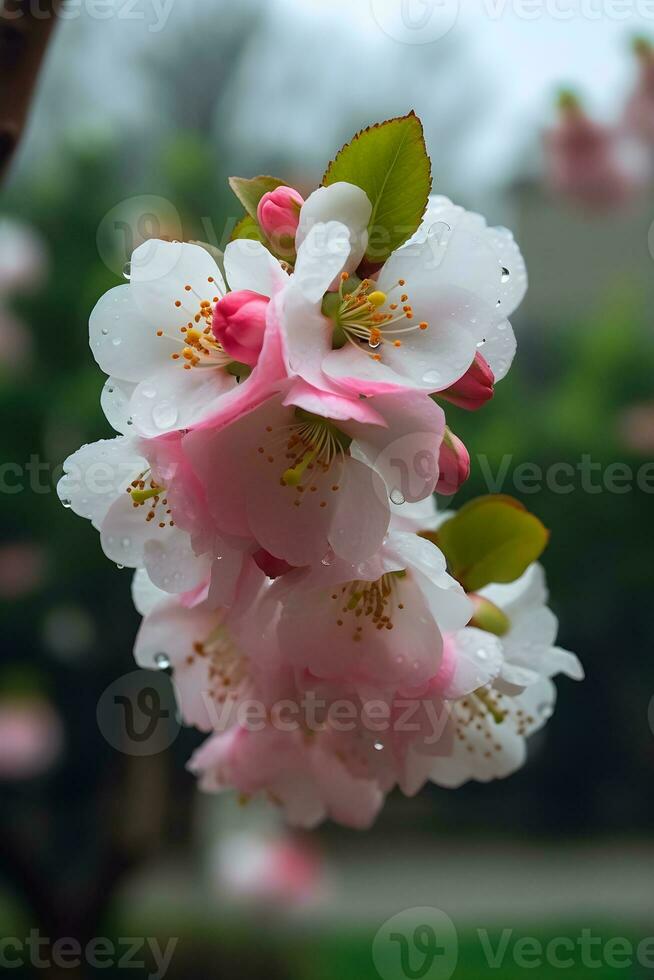 uma árvore com Rosa flores dentro frente do uma vermelho construção foto