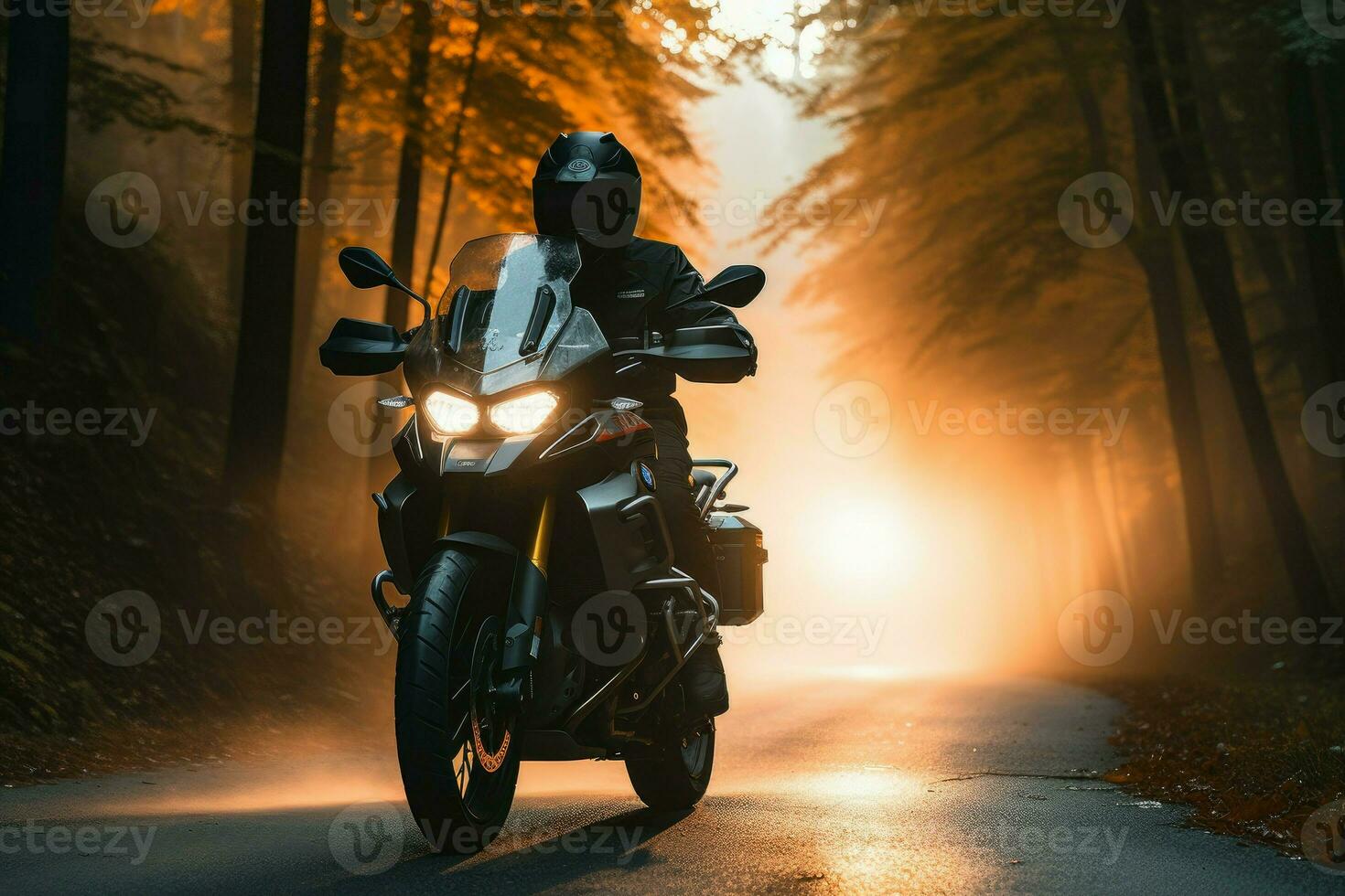 homem equitação motocicleta floresta. gerar ai foto