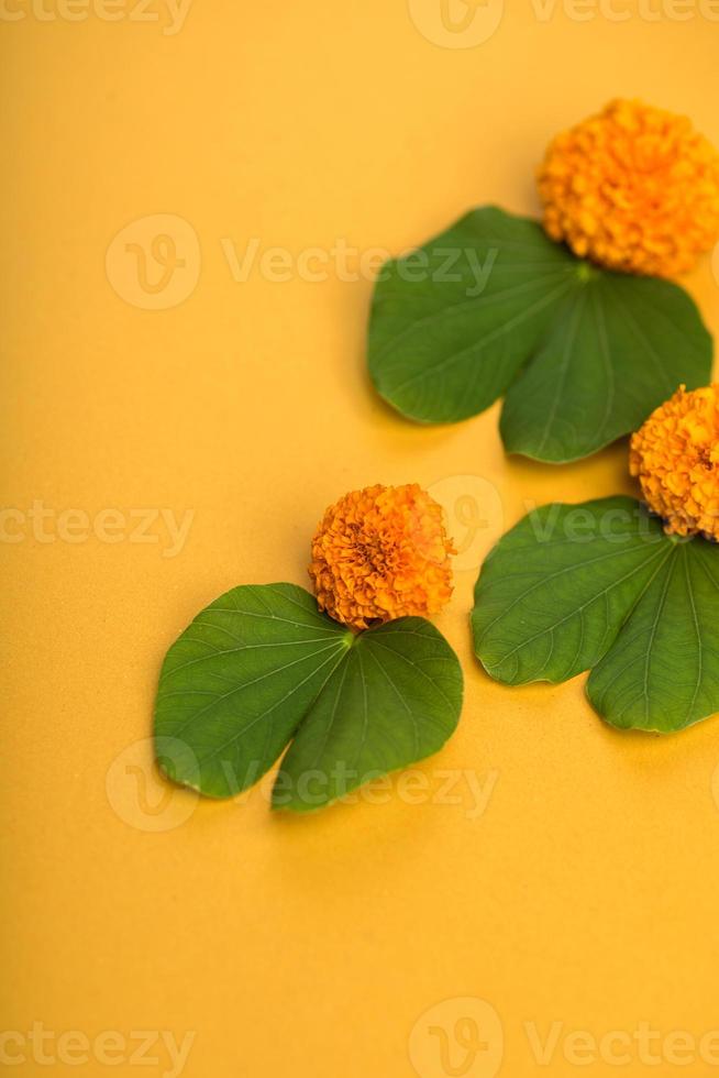 festival indiano dussehra, mostrando folhas douradas bauhinia racemosa e flores de calêndula em um fundo amarelo. foto