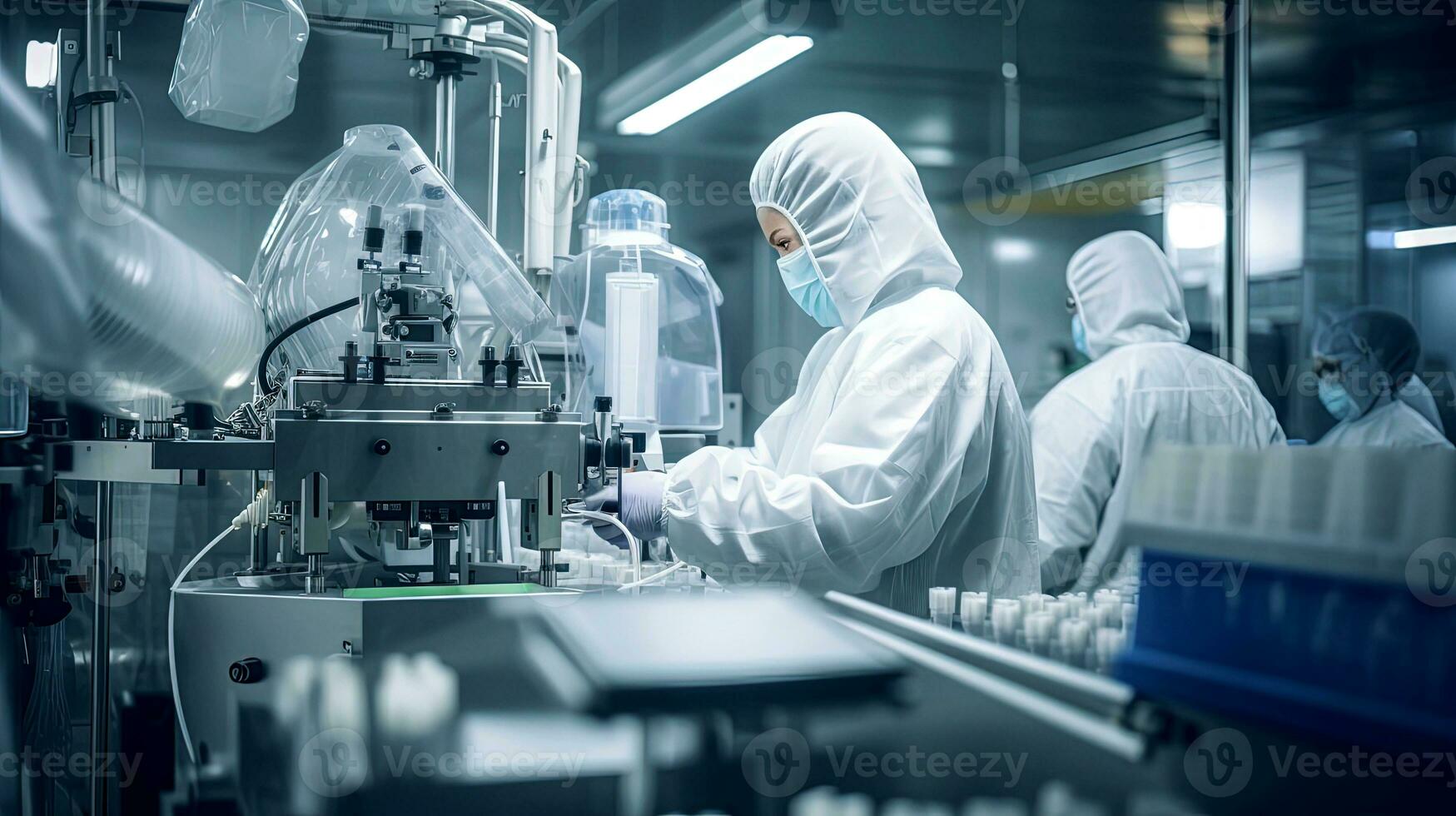 químico dentro uma protetora terno e mascarar. cientistas dentro protetora ternos e máscaras trabalhando dentro uma moderno científico laboratório. ai gerado. foto