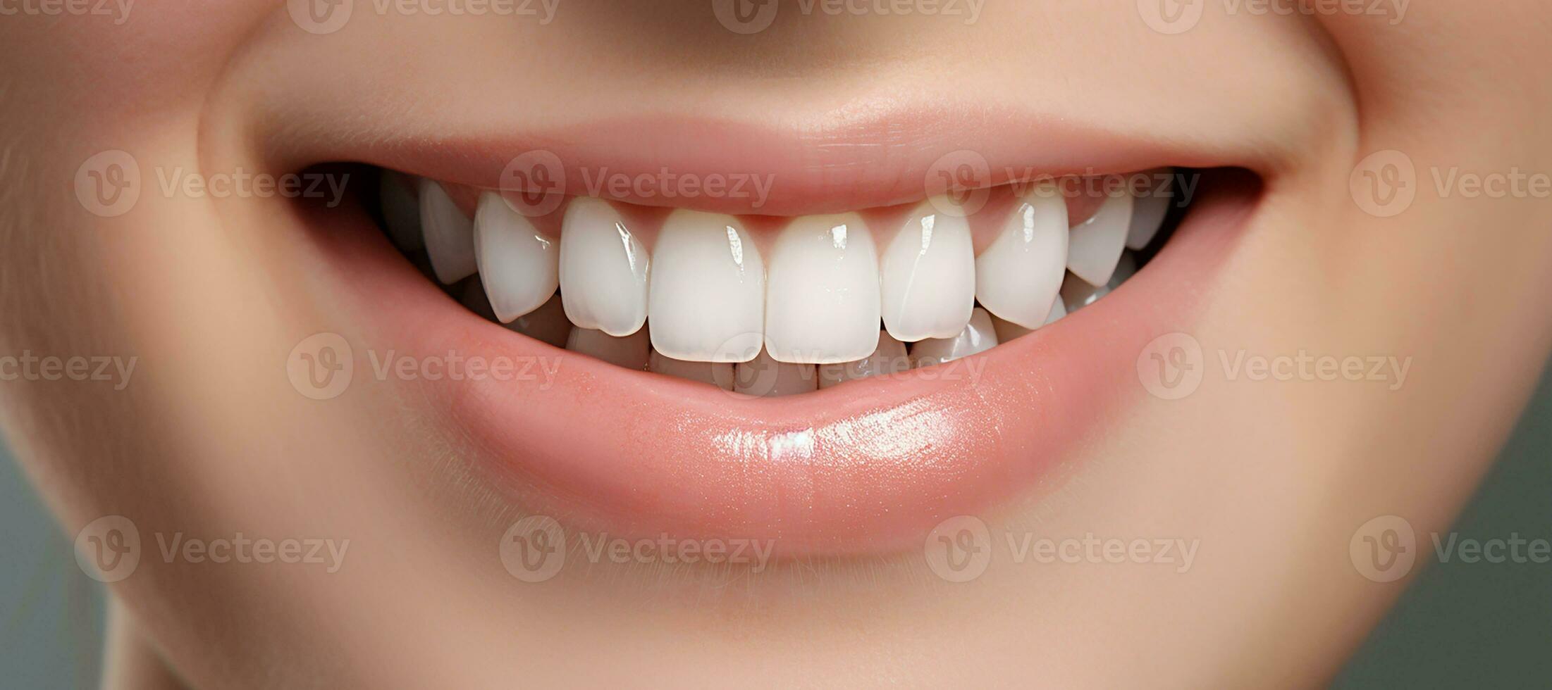 fechar acima feliz jovem mulher mostrando perfeito sorrir com branco em linha reta dentes. foto