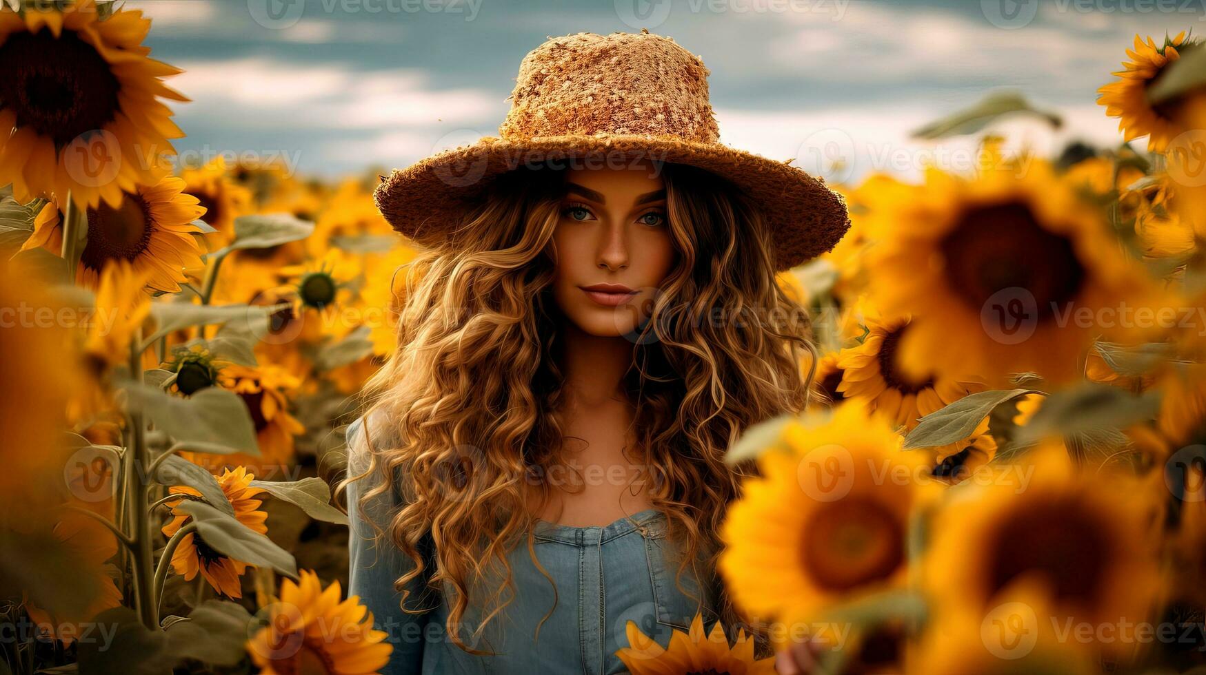 retrato do uma lindo menina dentro uma campo do girassóis. lindo jovem mulher com girassóis desfrutando natureza em verão girassol campo. foto