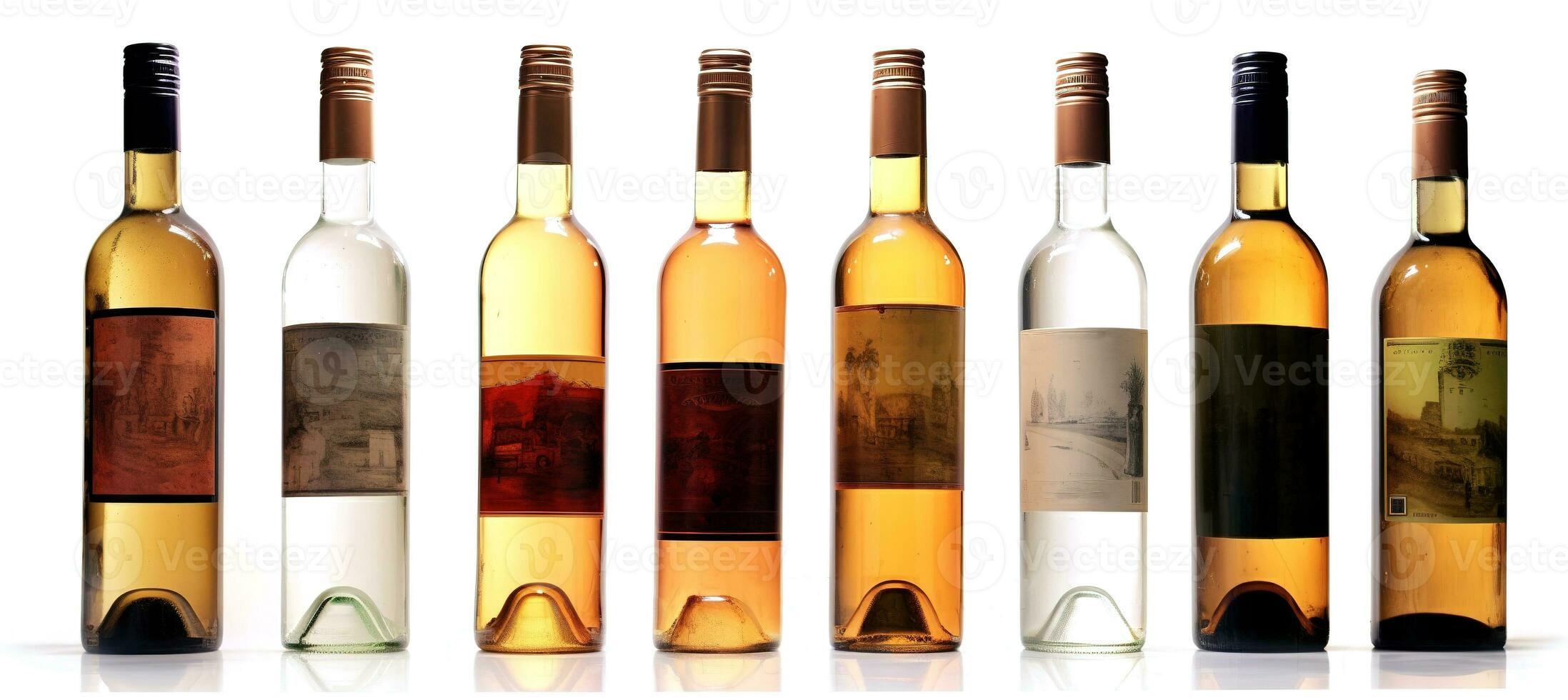 garrafas do vinho em branco fundo. vinho coleção. uma conjunto do vidro garrafas. ai gerado foto