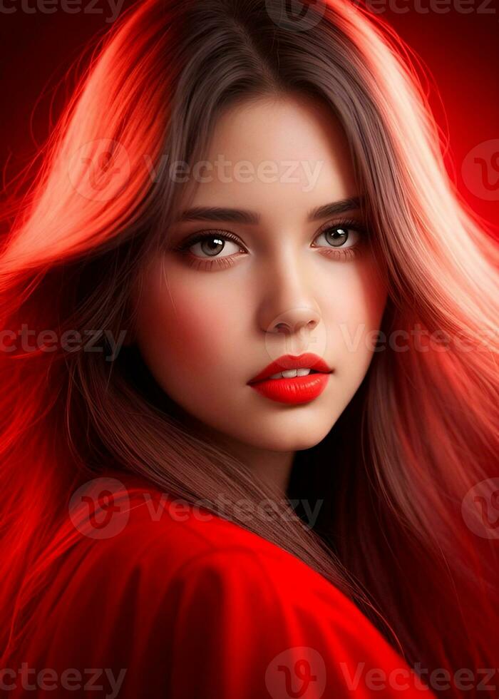 lindo menina com grandes cabelo vermelho fundo. foto