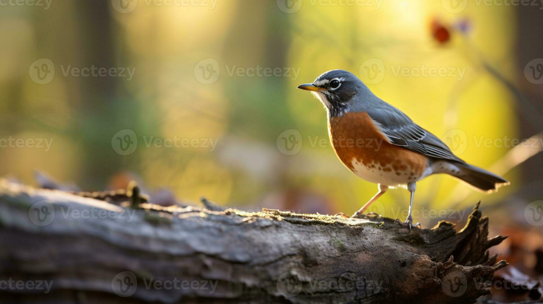 foto do uma americano robin em pé em uma caído árvore ramo às manhã