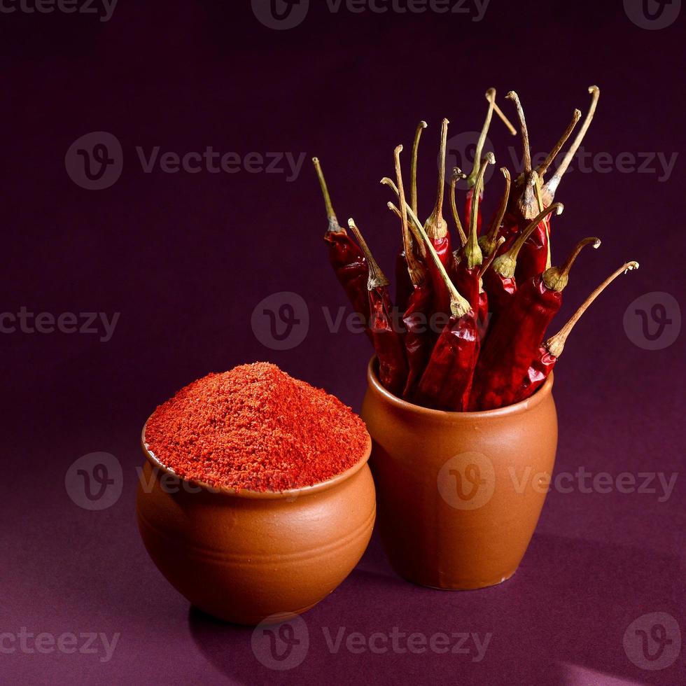 pó frio com frio vermelho em potes de barro, pimenta malagueta seca em fundo escuro foto