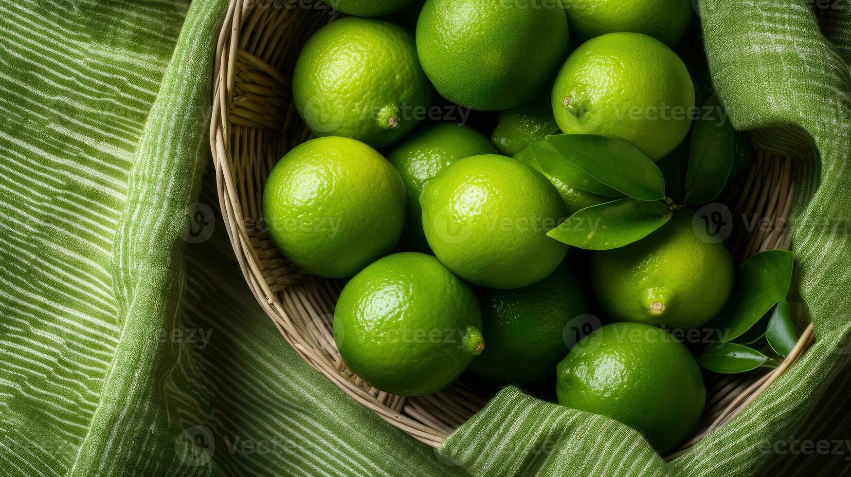 verde fresco limas em uma Palha pequeno cesta foto