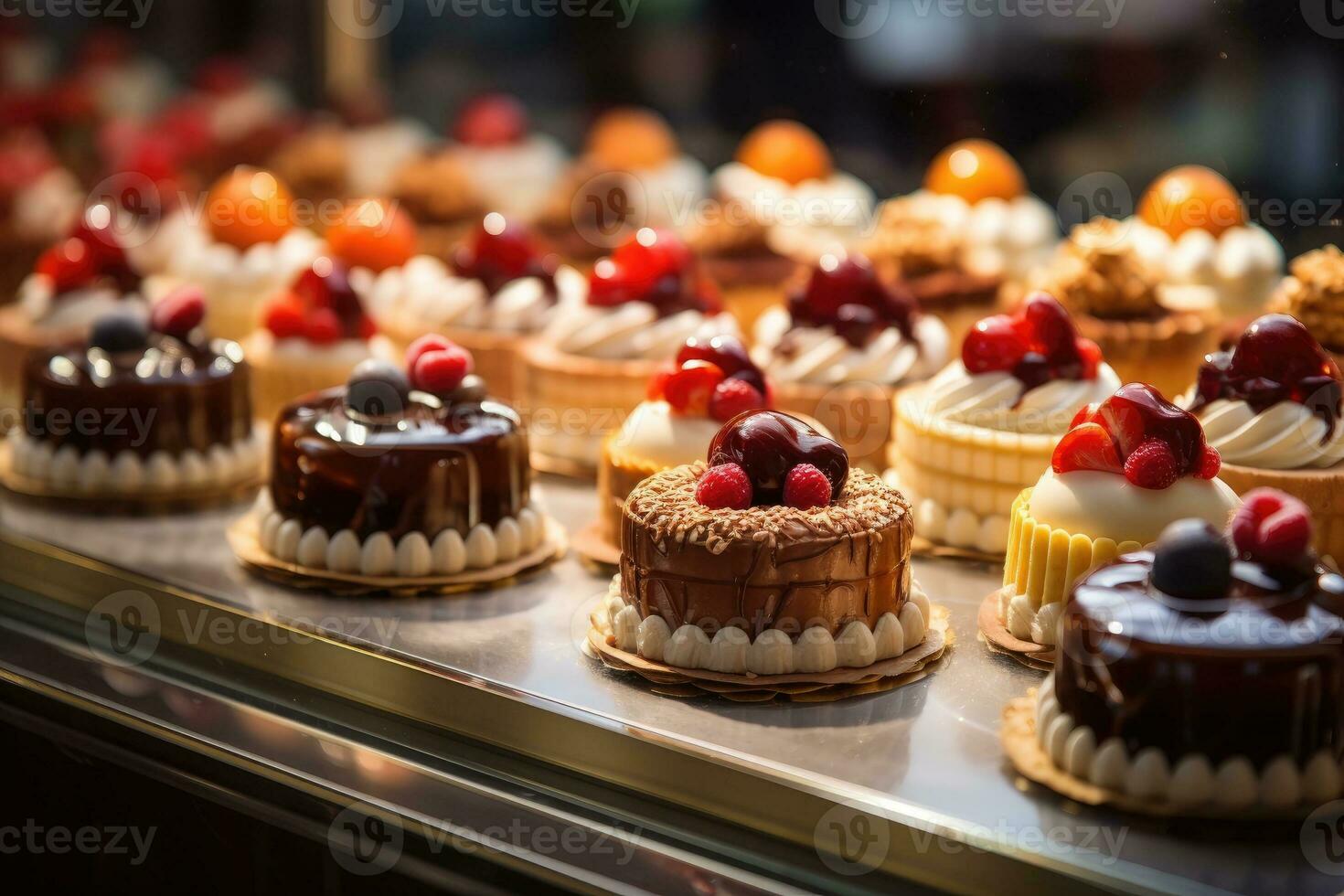 pequeno bolos em exibição às a pastelaria contador. foto