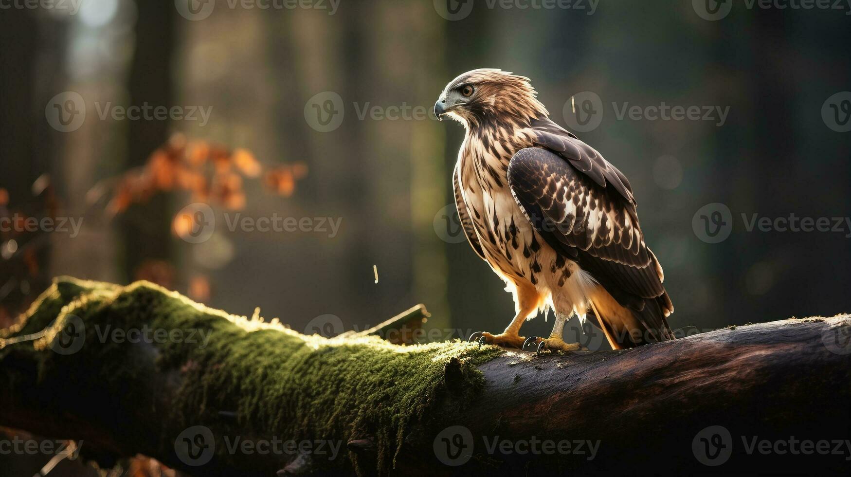 foto do uma de cauda vermelha em pé em uma caído árvore ramo às manhã. generativo ai