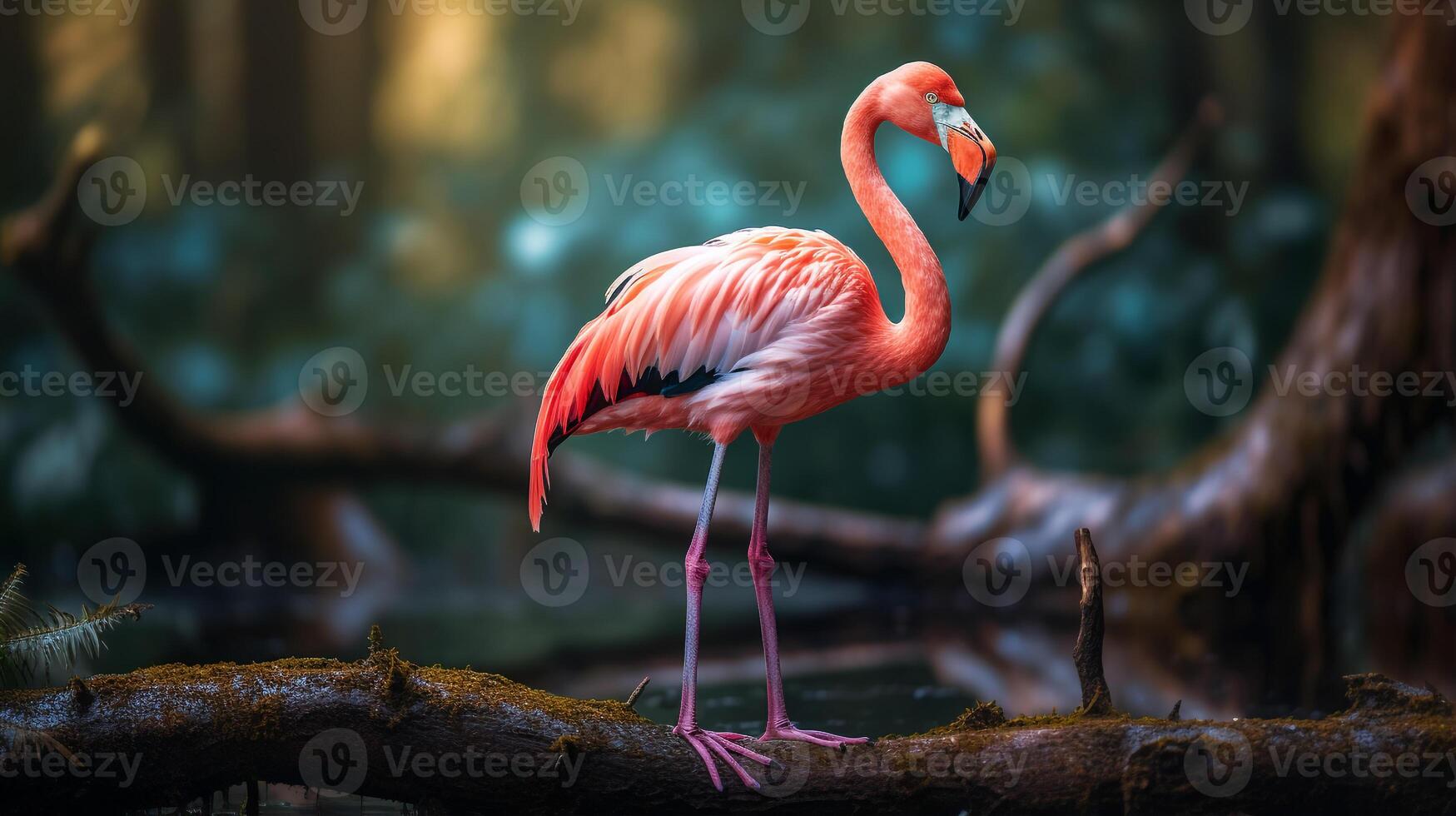 foto do uma flamingo em pé em uma caído árvore ramo às manhã. generativo ai