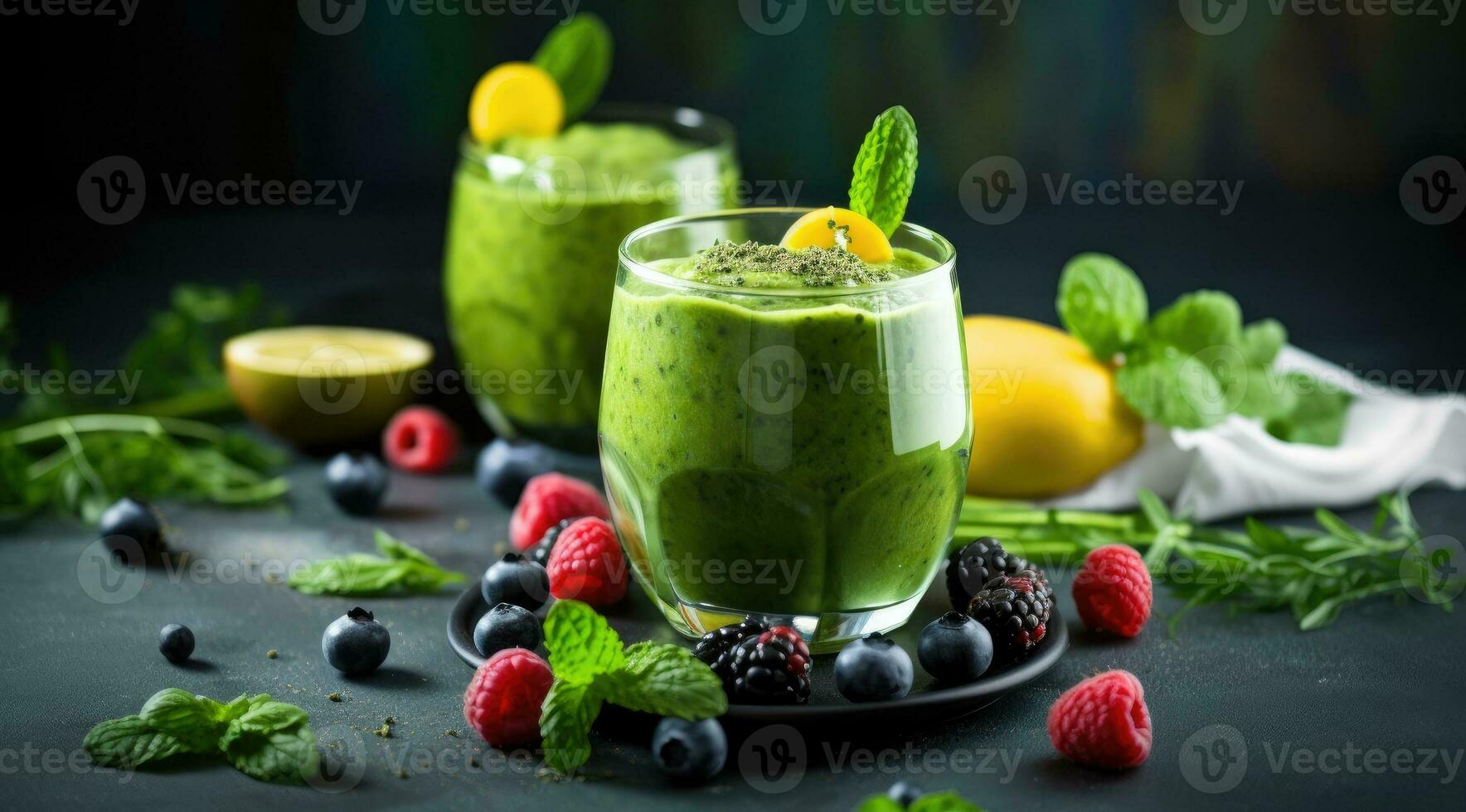 batido fechar-se composição do frutas, legumes e vidro do desintoxicação beber foto