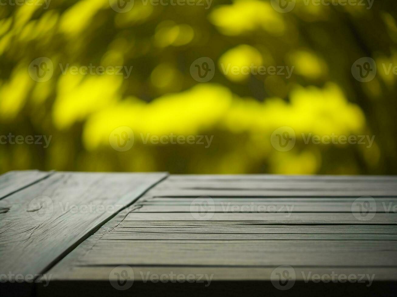 de madeira mesa e borrão tropical amarelo cor fundo, produtos exibição montagem. Alto qualidade foto 8k fhd ai gerado