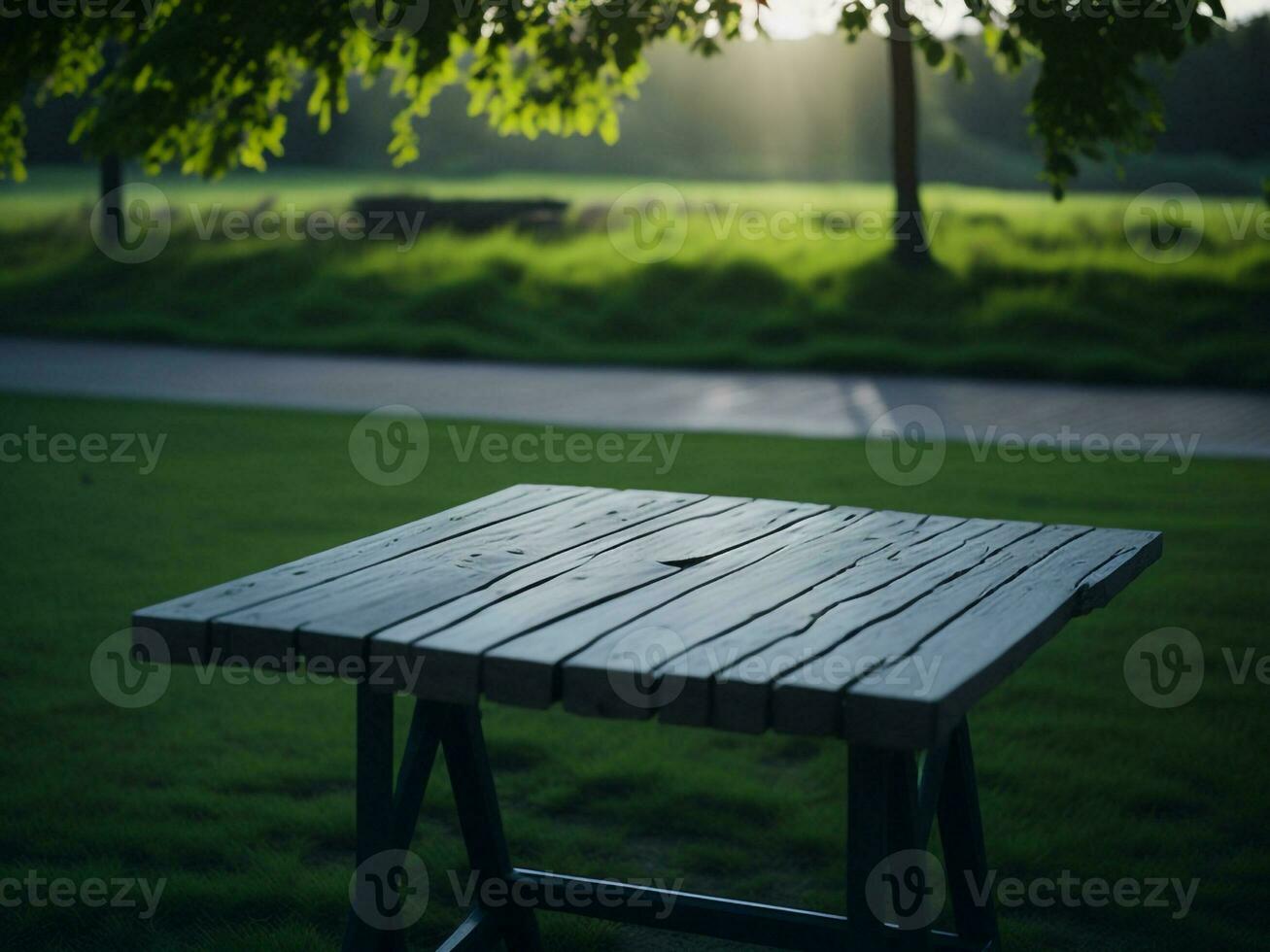 de madeira mesa e borrão tropical verde Relva fundo, produtos exibição montagem. Alto qualidade foto 8k fhd ai gerado