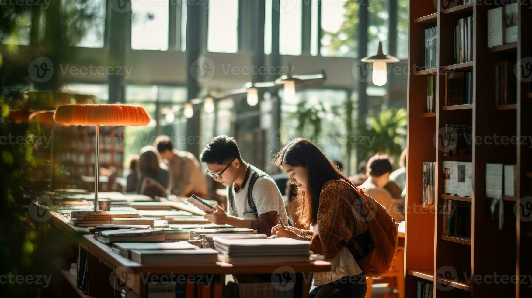 universidade alunos lendo livros dentro biblioteca para pesquisar. foto