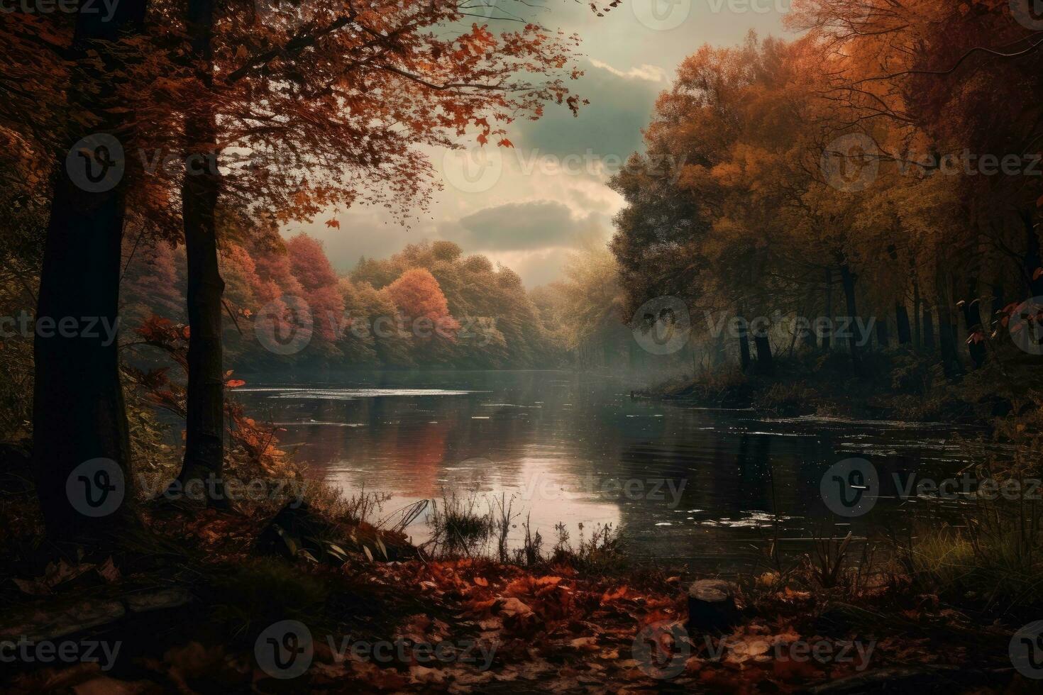 paisagem de outono com lago e árvores foto
